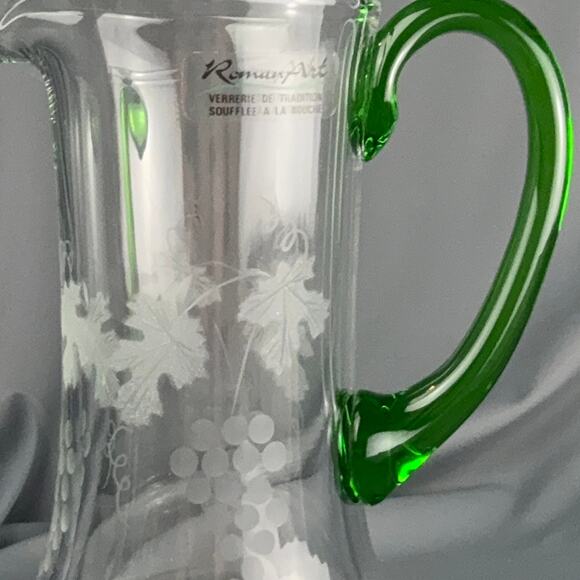 Vintage Roman Art France Hand Blown Glass Pitcher Etched Grapes Green Handle - Picture 4 of 5